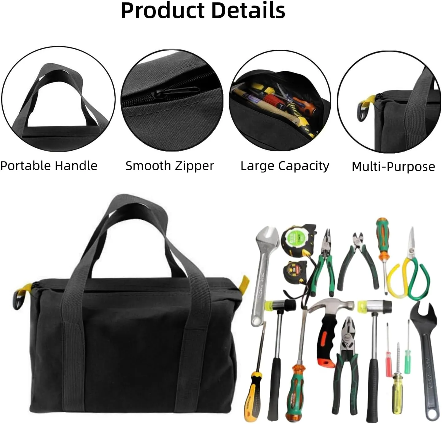 12 Inch Wide Mouth Tool Bag, Canvas Tool Bag, Heavy Duty Tool Storage Bag, Large Capacity Tool Tote Bag for Electricians, Power Tool Organizer Pouch, Tool Bags for Men (12 Inch)