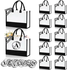 12 Pack Canvas Tote Bag for Women, Personalized Blank Beach Bag with 26PCS A-Z Initial Heat Transfer Letters Film, DIY Monogrammed Gift Tote Bags Bulk for Mom Teachers Friends Bridesmaids