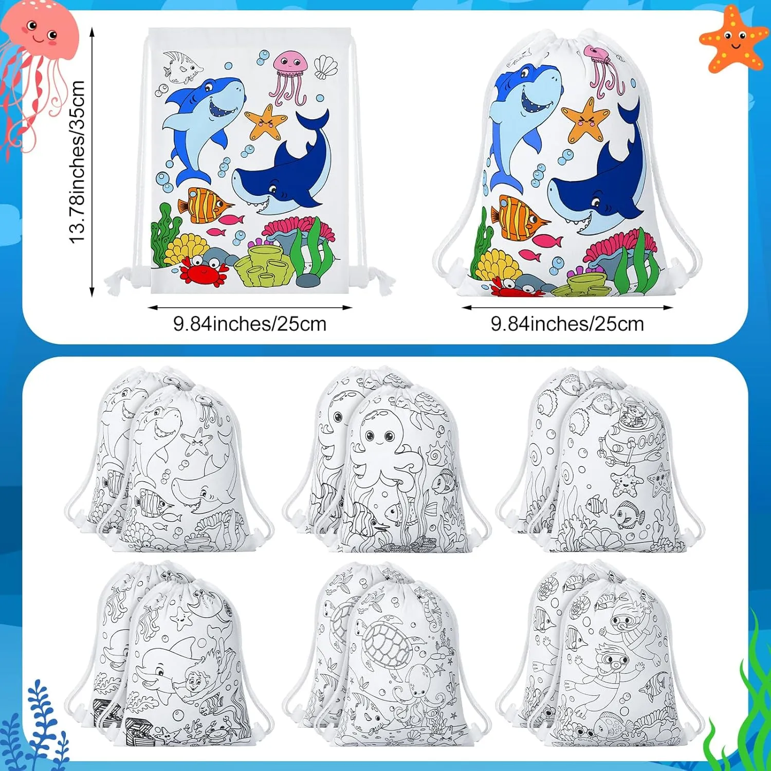 12 Pcs Color Your Own Under the Sea Canvas Drawstring Bags Marine Animal Coloring Bags Under the Sea Party Drawstring Backpack Gifts Ocean Animals Birthday Party Favor DIY Backpack Crafts