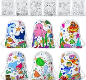 12 Pcs Color Your Own Under the Sea Canvas Drawstring Bags Marine Animal Coloring Bags Under the Sea Party Drawstring Backpack Gifts Ocean Animals Birthday Party Favor DIY Backpack Crafts