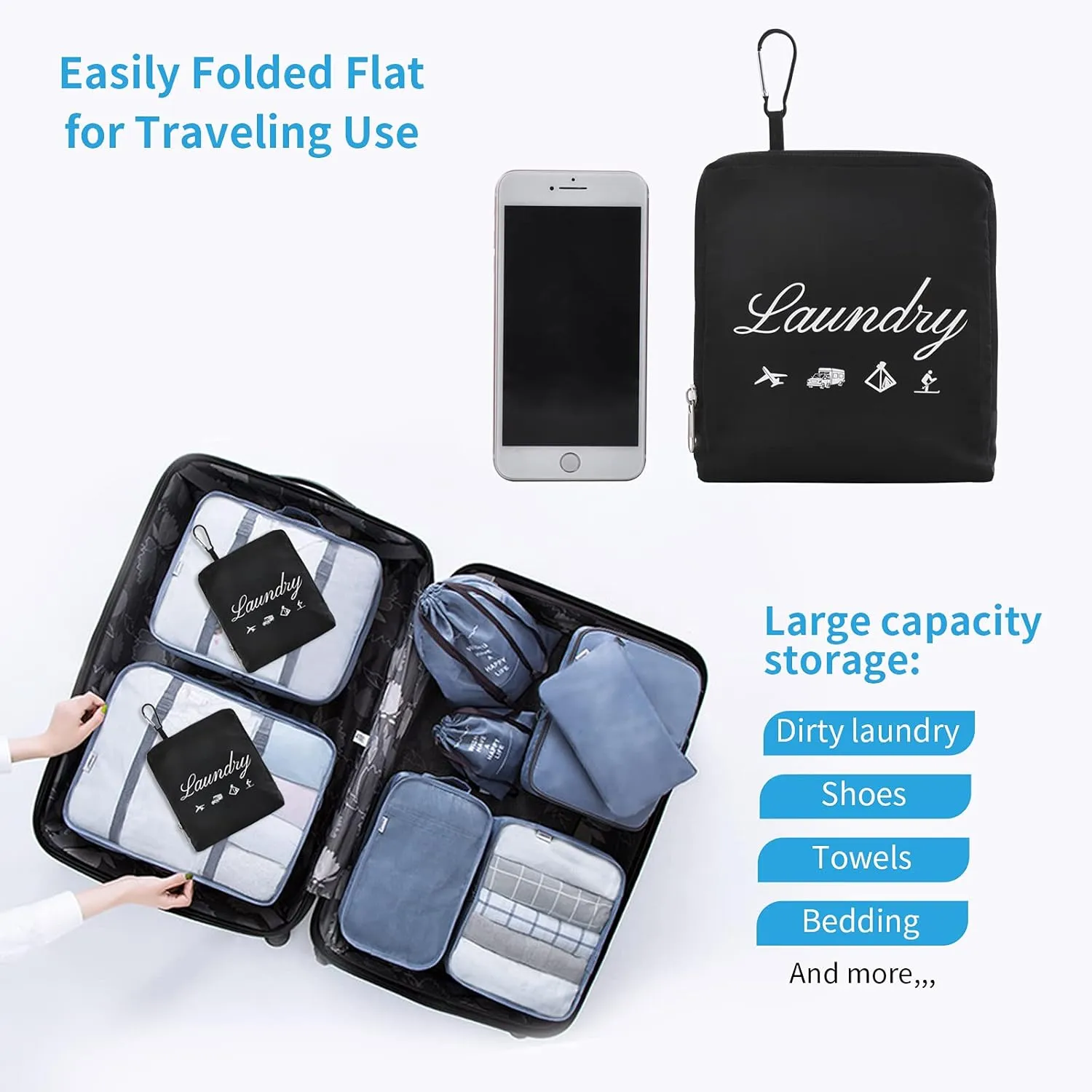 2 Pcs Travel Laundry Bag, JHX Dirty Clothes Bag Upgraded with Handles and Aluminum Carabiner, Collapsible Laundry Bag for Travel, Camp, Fitness, and StudentsBlack 24"L x 21"W