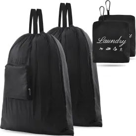 2 Pcs Travel Laundry Bag, JHX Dirty Clothes Bag Upgraded with Handles and Aluminum Carabiner, Collapsible Laundry Bag for Travel, Camp, Fitness, and StudentsBlack 24"L x 21"W