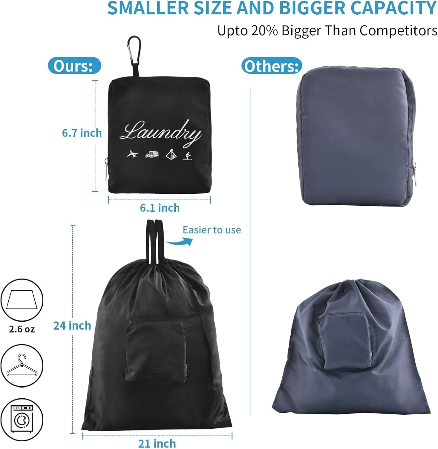 2 Pcs Travel Laundry Bag, JHX Dirty Clothes Bag Upgraded with Handles and Aluminum Carabiner, Collapsible Laundry Bag for Travel, Camp, Fitness, and StudentsBlack 24"L x 21"W