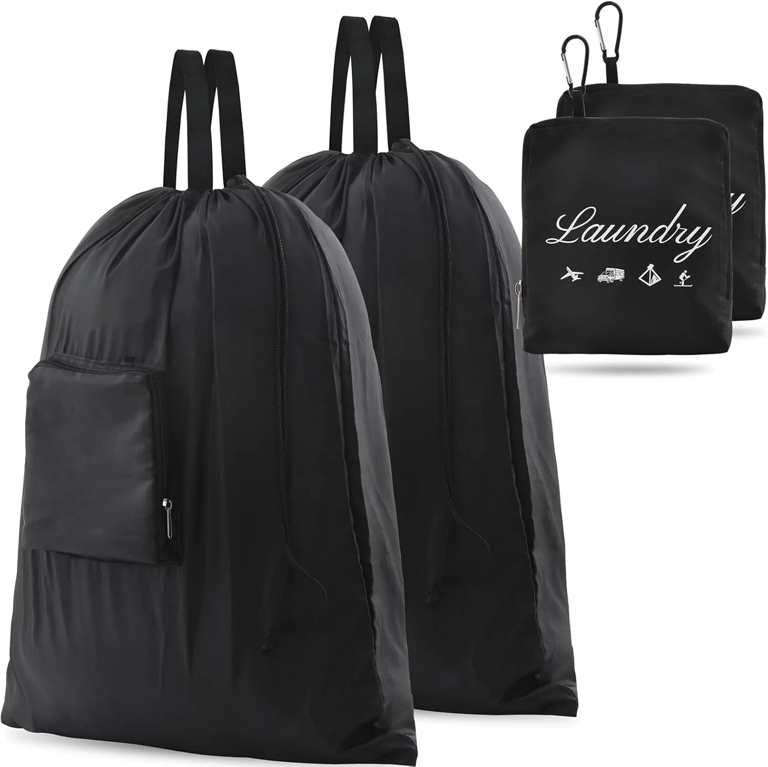 2 Pcs Travel Laundry Bag, JHX Dirty Clothes Bag Upgraded with Handles and Aluminum Carabiner, Collapsible Laundry Bag for Travel, Camp, Fitness, and StudentsBlack 24"L x 21"W
