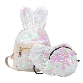 3 pcs set Rabbit Ear Backpack Travel-bag Bling Shiny Cute Heart Shaped