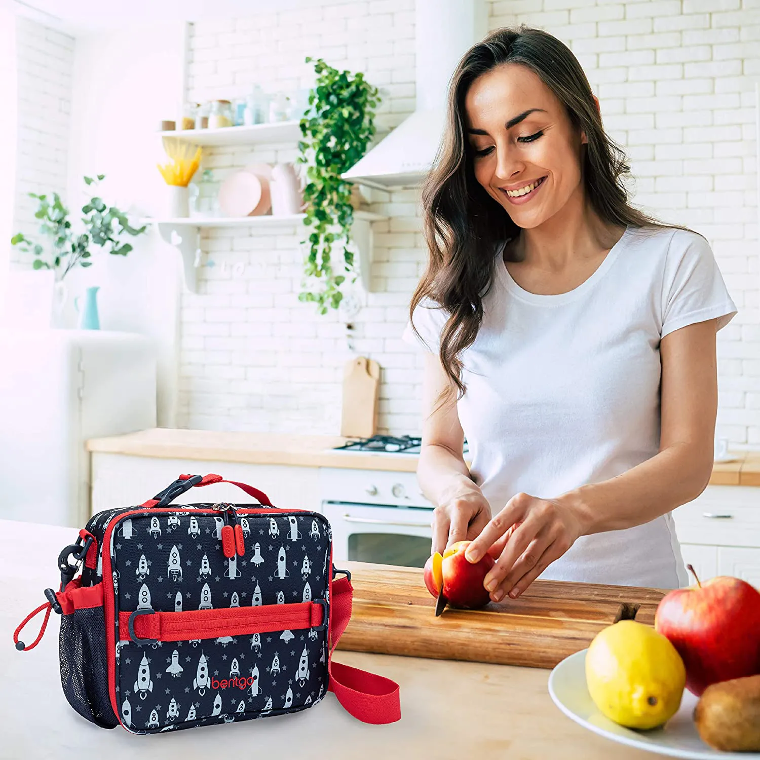 Bentgo Kids Prints Lunch Bag - Double Insulated, Durable, Water-Resistant Fabric with Interior and Exterior Zippered Pockets and External Bottle Holder- Ideal for Children of All Ages (Space)