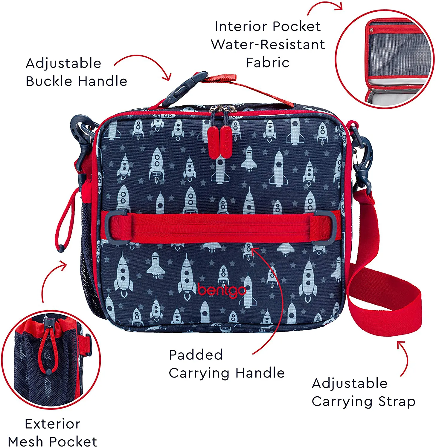Bentgo Kids Prints Lunch Bag - Double Insulated, Durable, Water-Resistant Fabric with Interior and Exterior Zippered Pockets and External Bottle Holder- Ideal for Children of All Ages (Space)