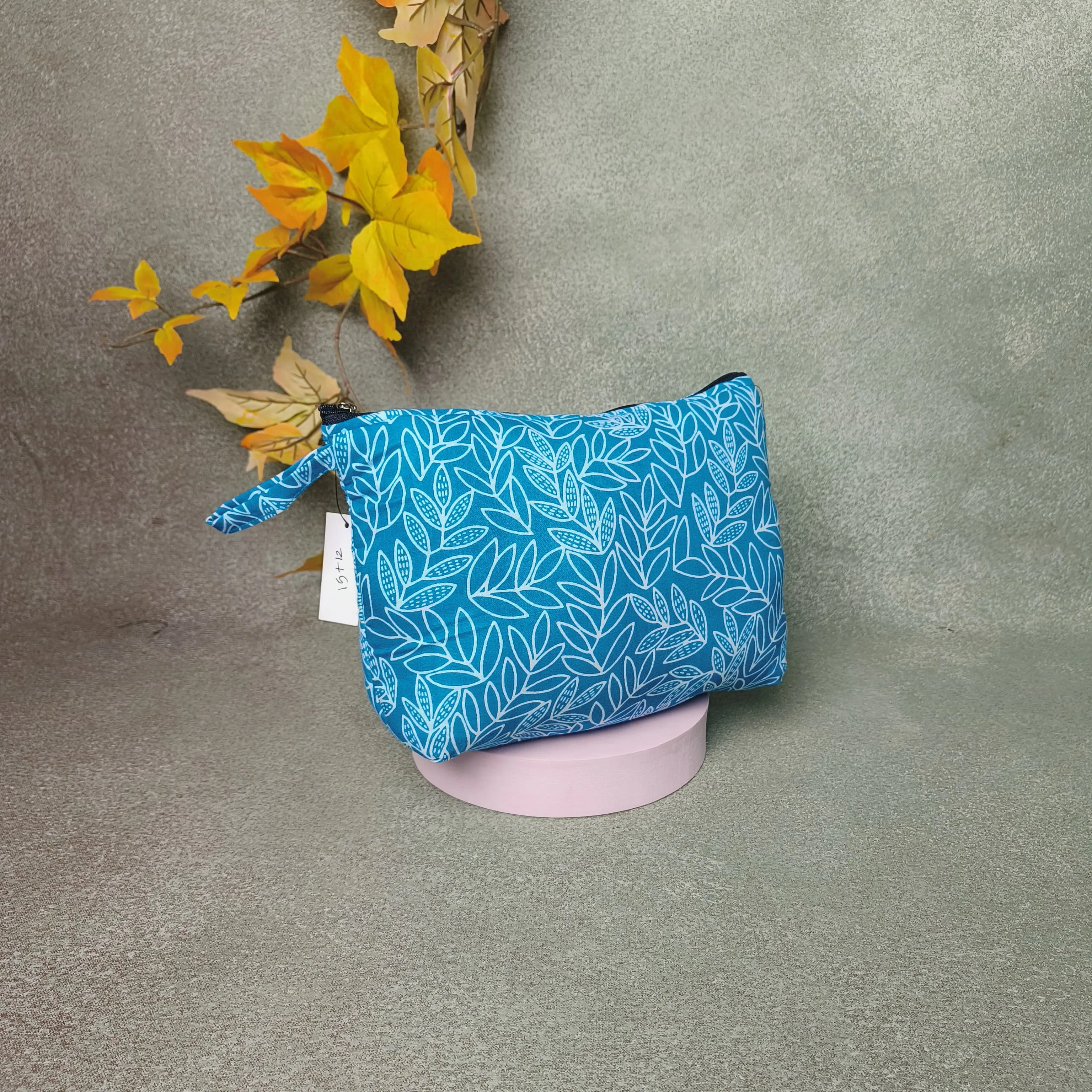Boat purse Blue colour with White Leaf Design.