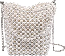 CHIC DIARY White Pearl Purse Crossbody Bag for Women Shoulder Handbag Beaded Clutch Evening Bag for 1920s Party Wedding