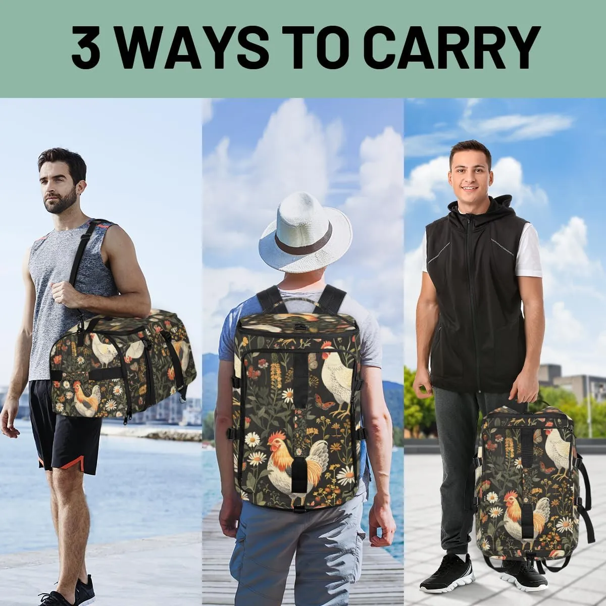 Chicken Cocks and Hens Rooster Travel Backpack Carry On Flight Approved for Women Men, 18.9 Inch Large Farm Animal Airline Approved Luggage Weekender Backpacks