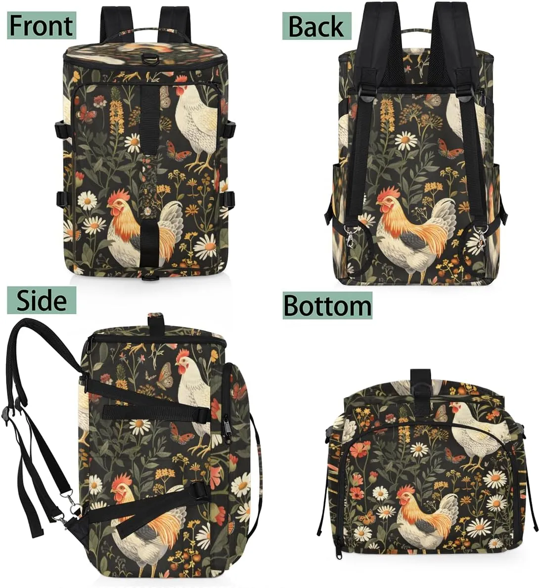 Chicken Cocks and Hens Rooster Travel Backpack Carry On Flight Approved for Women Men, 18.9 Inch Large Farm Animal Airline Approved Luggage Weekender Backpacks