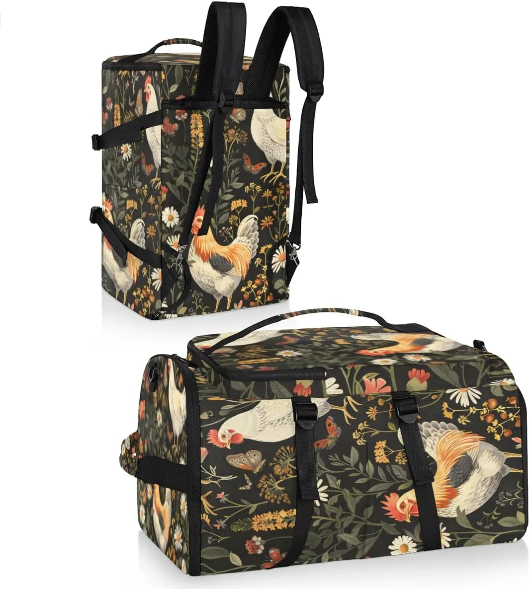 Chicken Cocks and Hens Rooster Travel Backpack Carry On Flight Approved for Women Men, 18.9 Inch Large Farm Animal Airline Approved Luggage Weekender Backpacks