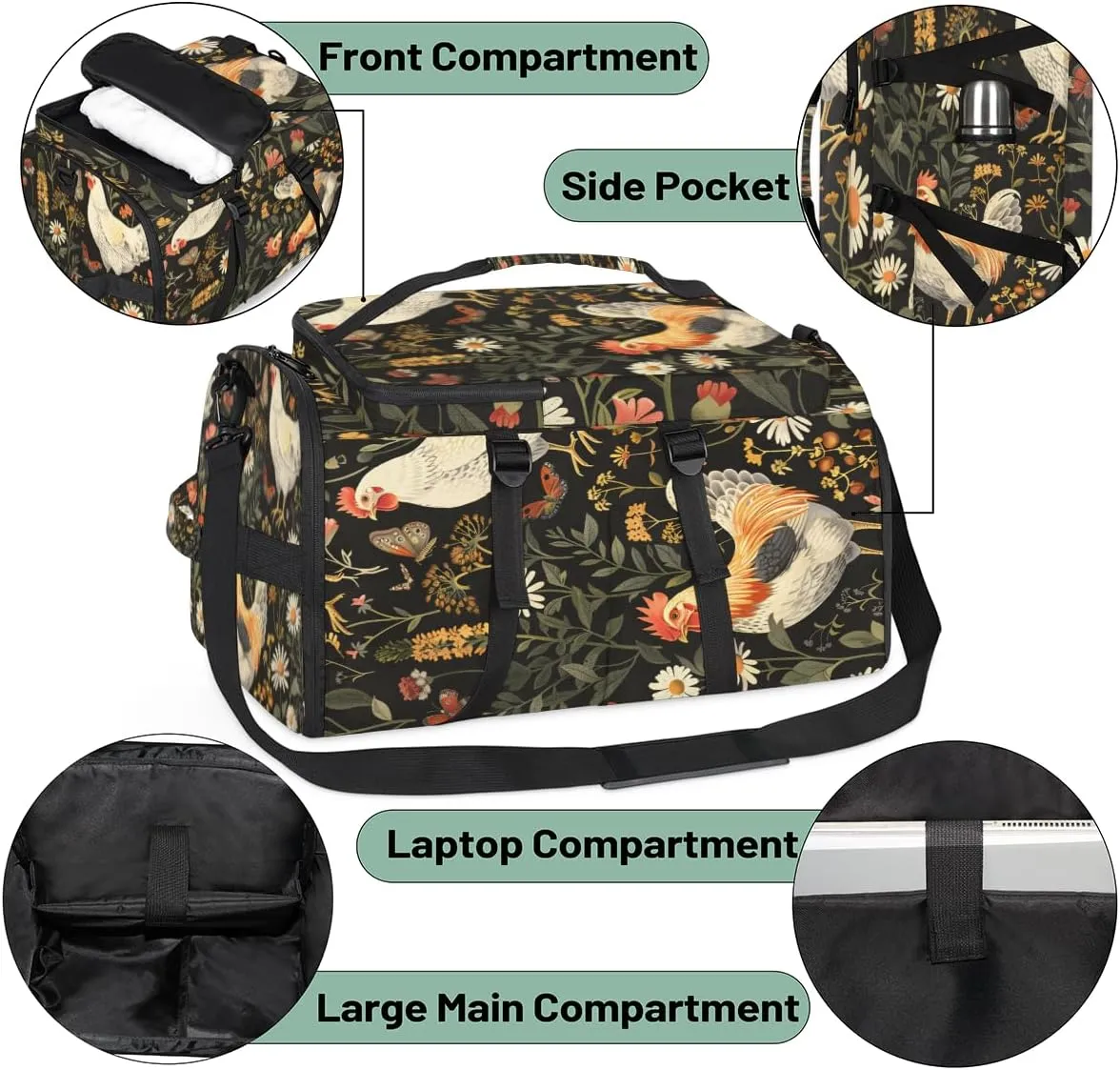Chicken Cocks and Hens Rooster Travel Backpack Carry On Flight Approved for Women Men, 18.9 Inch Large Farm Animal Airline Approved Luggage Weekender Backpacks