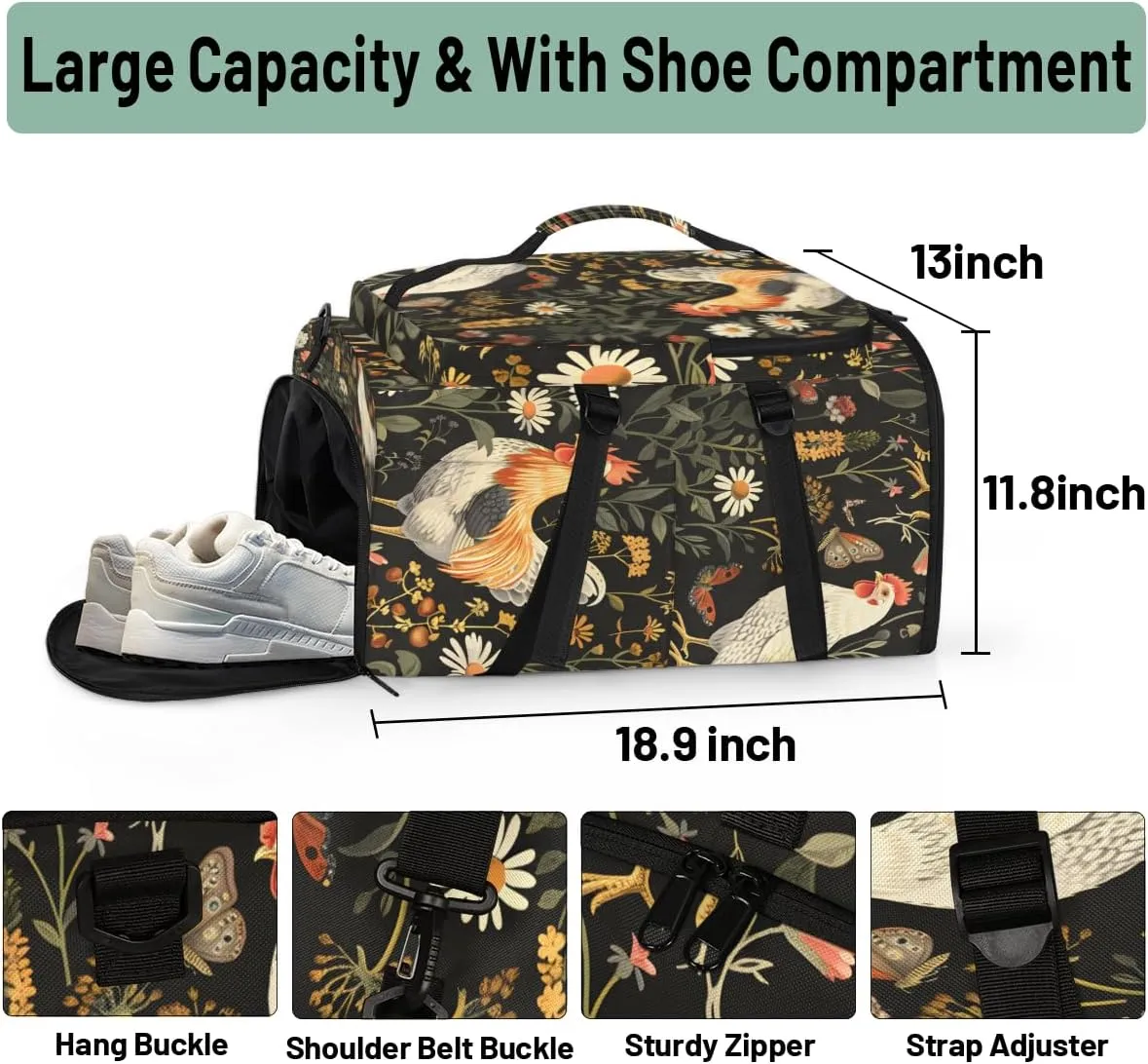 Chicken Cocks and Hens Rooster Travel Backpack Carry On Flight Approved for Women Men, 18.9 Inch Large Farm Animal Airline Approved Luggage Weekender Backpacks