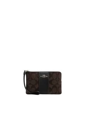 Coach Corner Zip Wristlet In Signature Canvas In Brown Black CS602