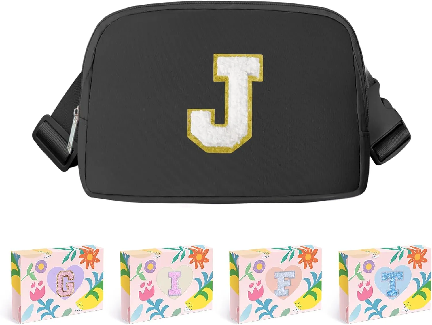 COSHAYSOO Small Initial Waist Fanny Pack Belt Bag with Chenille Alphabet Letter Patch for Women Men Boy Runners Money Phone Holder, Mini Preppy Cute Cross body Adjustable Strap Running Pouch Black (J)