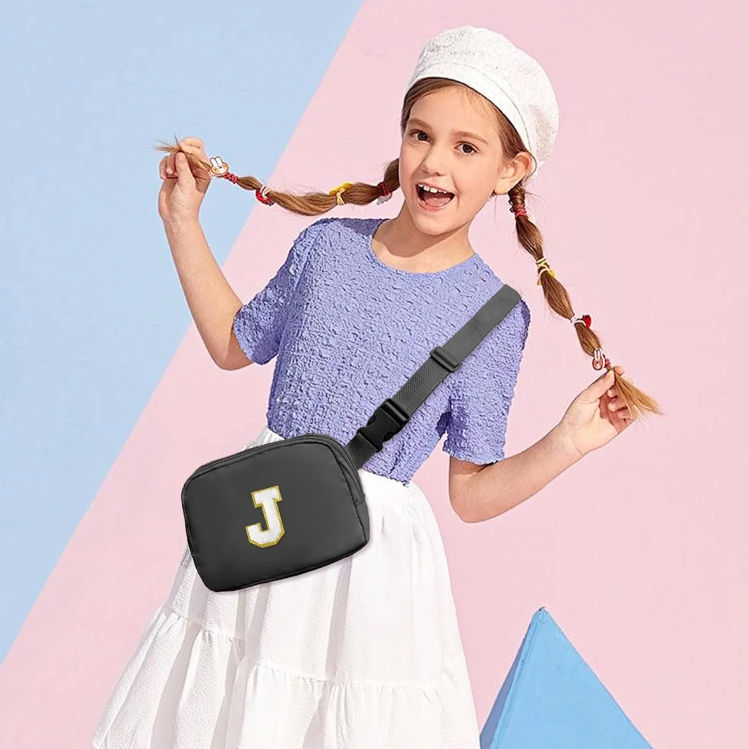 COSHAYSOO Small Initial Waist Fanny Pack Belt Bag with Chenille Alphabet Letter Patch for Women Men Boy Runners Money Phone Holder, Mini Preppy Cute Cross body Adjustable Strap Running Pouch Black (J)