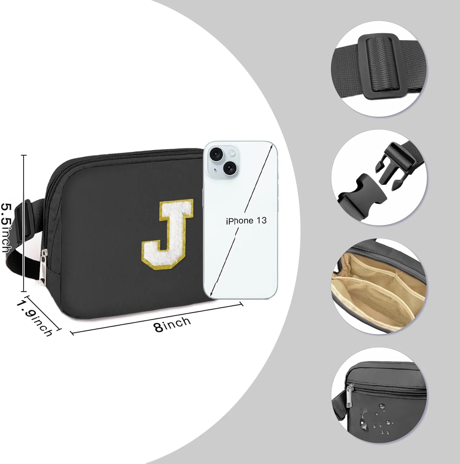 COSHAYSOO Small Initial Waist Fanny Pack Belt Bag with Chenille Alphabet Letter Patch for Women Men Boy Runners Money Phone Holder, Mini Preppy Cute Cross body Adjustable Strap Running Pouch Black (J)