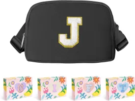 COSHAYSOO Small Initial Waist Fanny Pack Belt Bag with Chenille Alphabet Letter Patch for Women Men Boy Runners Money Phone Holder, Mini Preppy Cute Cross body Adjustable Strap Running Pouch Black (J)