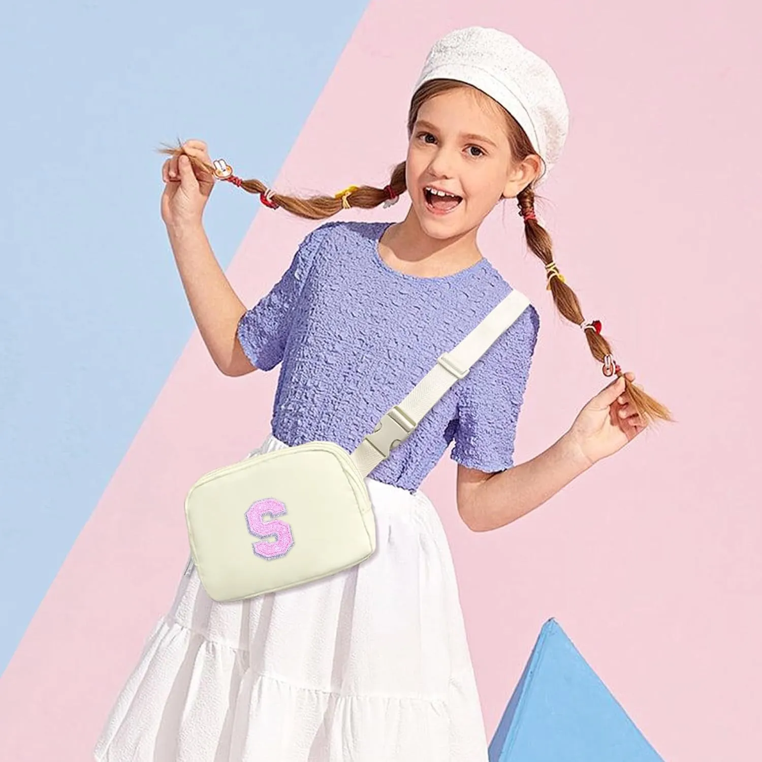 COSHAYSOO Valentines Easter Gifts for Girls Teacher Appreciation Nurse Graduation Gifts for Girls Fanny Pack Belt Bag Crossbody Travel Purse Sleepover Weekender Bag Ivory Initial Letter S