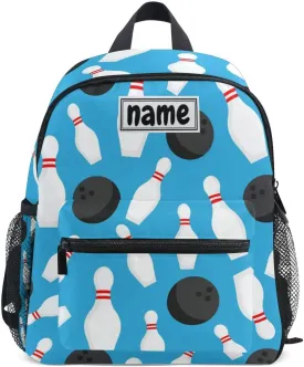 Custom Kid's Name Backpack, Sport Bowling Ball Blue Toddler Backpack for Daycare Travel, Personalized Name Preschool Bookbags for Boys Girls