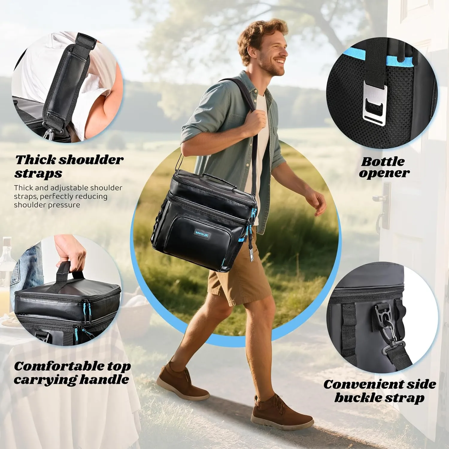 Double-Layer Insulated Cooler Foldable Lunch Box, Leakproof Cooler Bag for Men & Women, Shoulder Strap, Bottle Opener, for Beach, Camping, Car