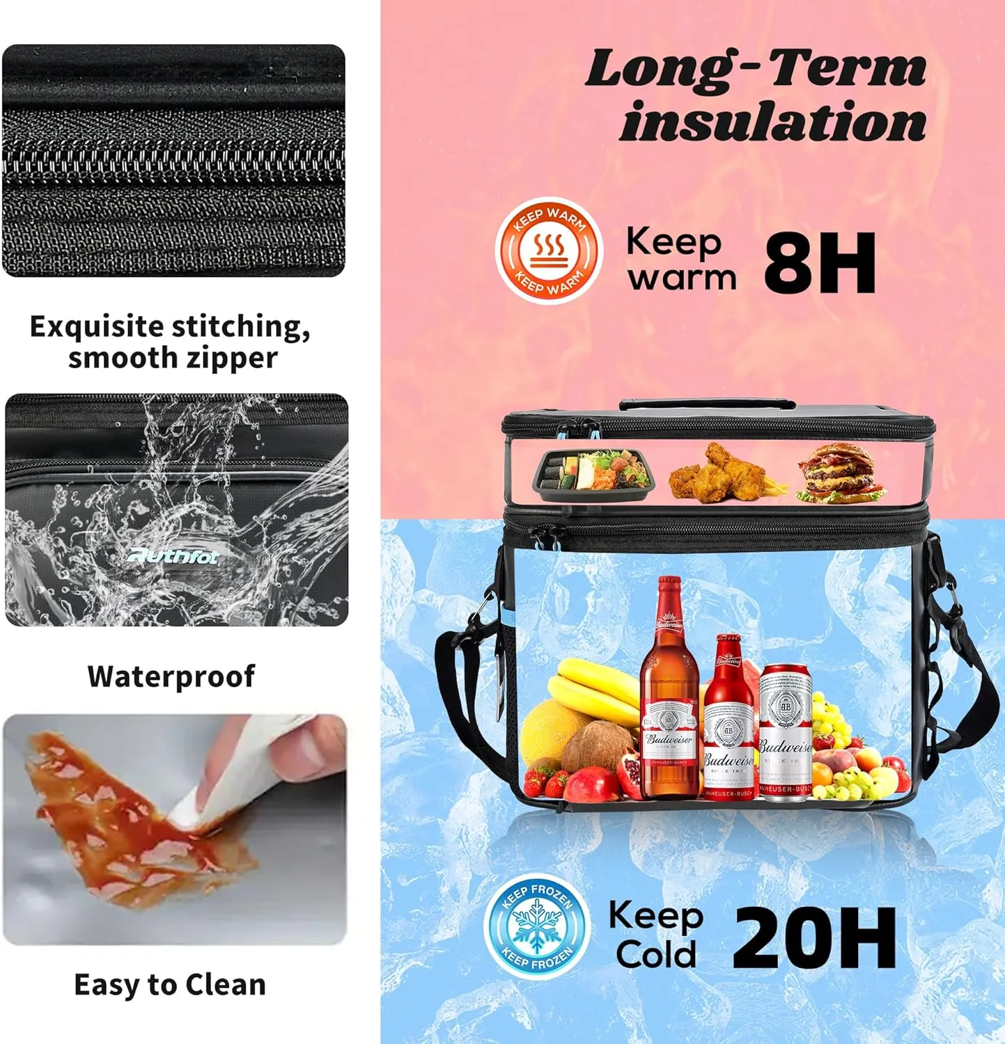 Double-Layer Insulated Cooler Foldable Lunch Box, Leakproof Cooler Bag for Men & Women, Shoulder Strap, Bottle Opener, for Beach, Camping, Car