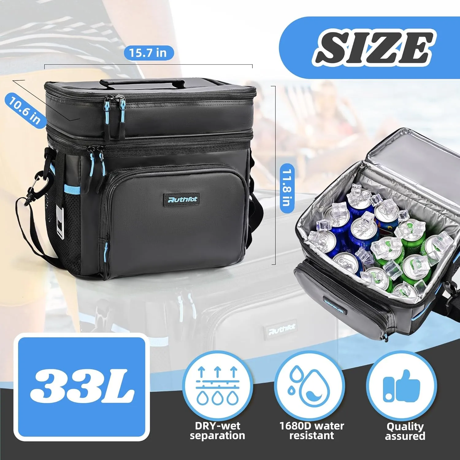 Double-Layer Insulated Cooler Foldable Lunch Box, Leakproof Cooler Bag for Men & Women, Shoulder Strap, Bottle Opener, for Beach, Camping, Car