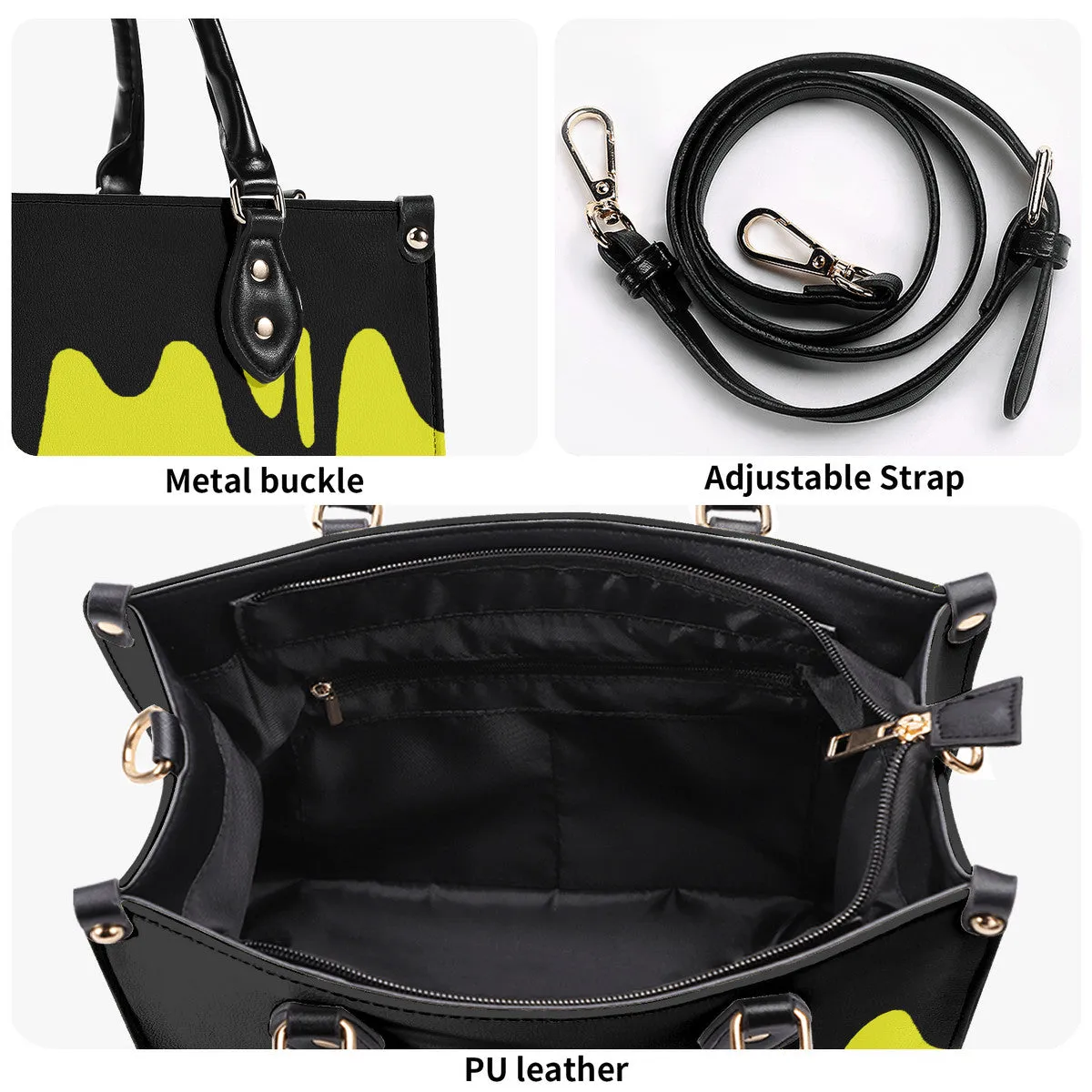 DRIP LO Black Logo & Yellow  Multiple Sizes Upgraded Luxury Women PU Leather Handbag