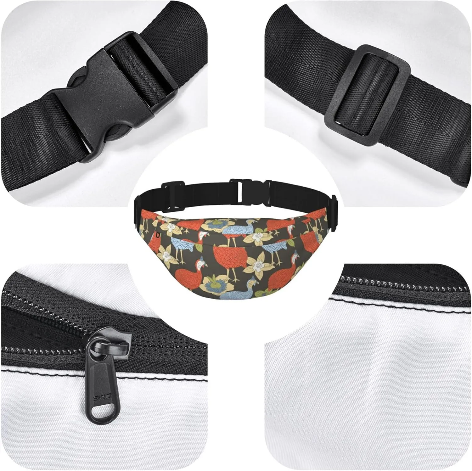 Fanny Pack for Women Men,Cute Guinea Fowl Bird Pattern Large Crossbody Waist Pack Belt Bag for Workout Hiking Running Travel, Onesize