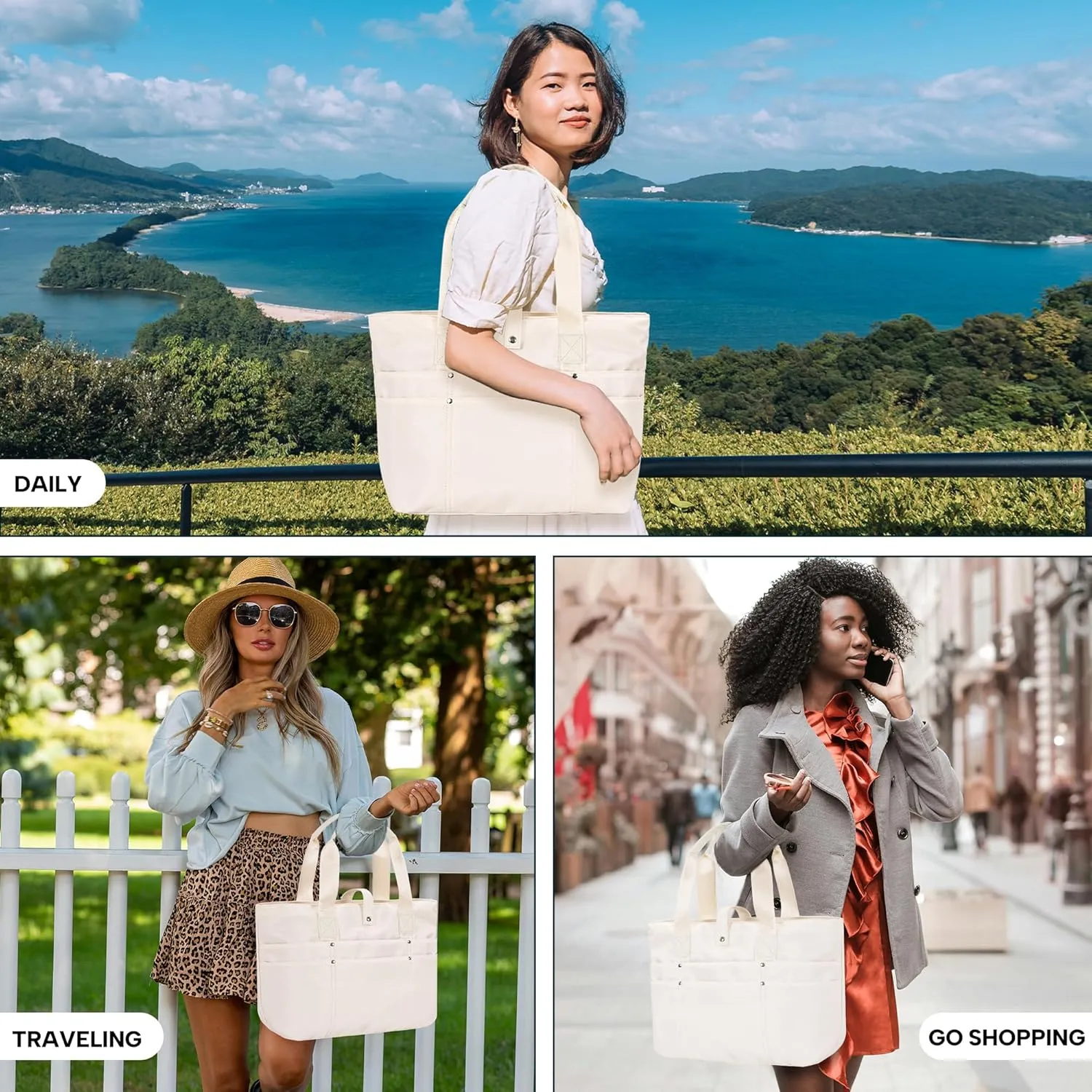 Foldable Tote Bag for Women, Lightweight Shoulder Bag With Compartment and Zipper for Travel, Work, Outdoor