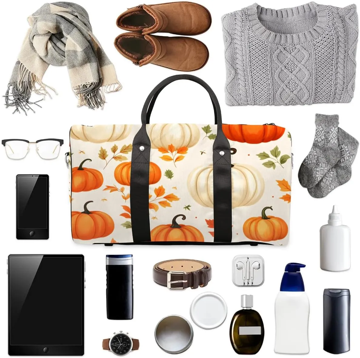 Foldable Travel Bag Pumpkins Leaves Thanksgiving Lightweight Carry On Bags for Airplanes Waterproof Travel Duffle Bag For Gym Weekend Overnight