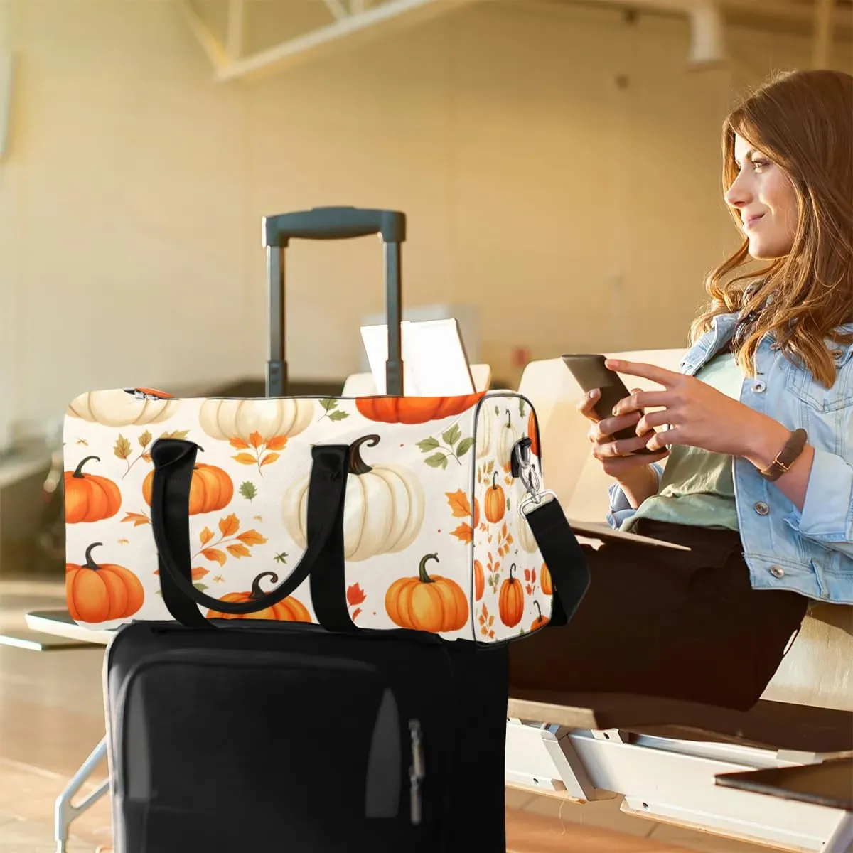 Foldable Travel Bag Pumpkins Leaves Thanksgiving Lightweight Carry On Bags for Airplanes Waterproof Travel Duffle Bag For Gym Weekend Overnight