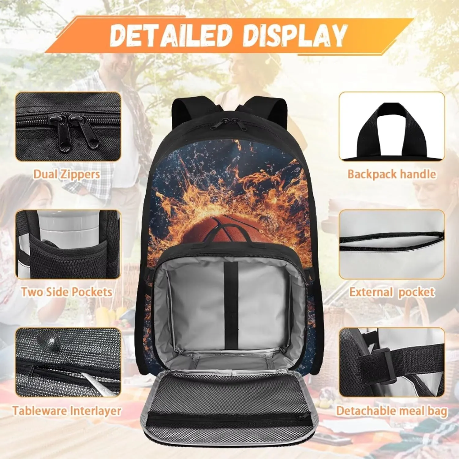 FOR U DESIGNS Basketball Lightweight Commuter Backpack for Middle School Versatile Bookbag with Lunchbox 17 Inch Large Capacity Elementary School Bag Age 12-14 Travel Rucksack