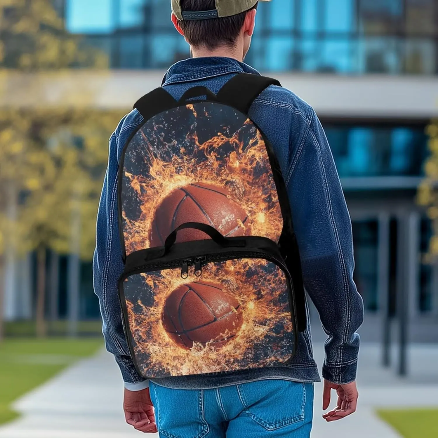 FOR U DESIGNS Basketball Lightweight Commuter Backpack for Middle School Versatile Bookbag with Lunchbox 17 Inch Large Capacity Elementary School Bag Age 12-14 Travel Rucksack