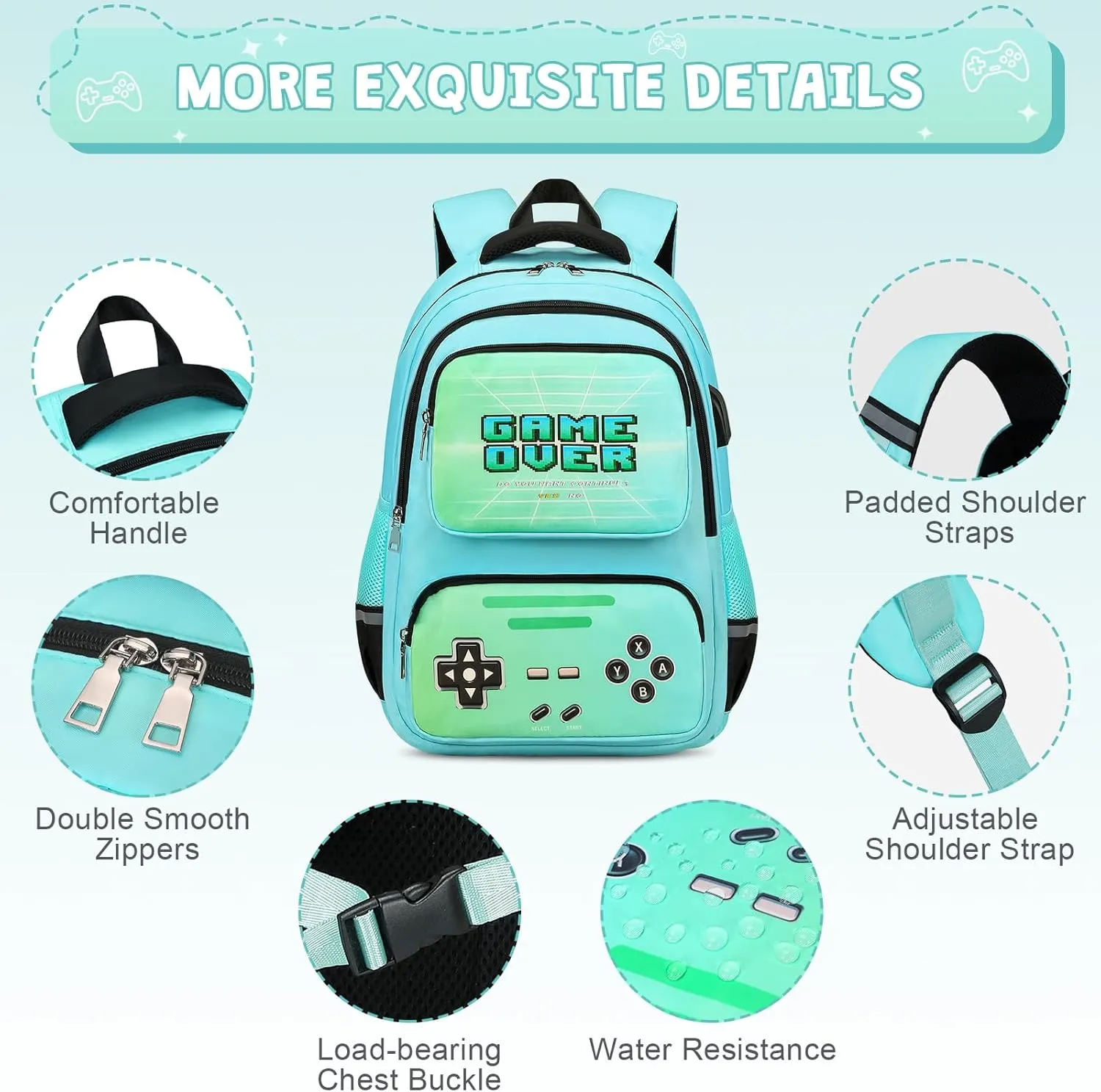 Gamer Backpack for Boys - Cool Luminous School Backpack for Boys with Lunch Bag Pencil Case - Kids Boys Backpack