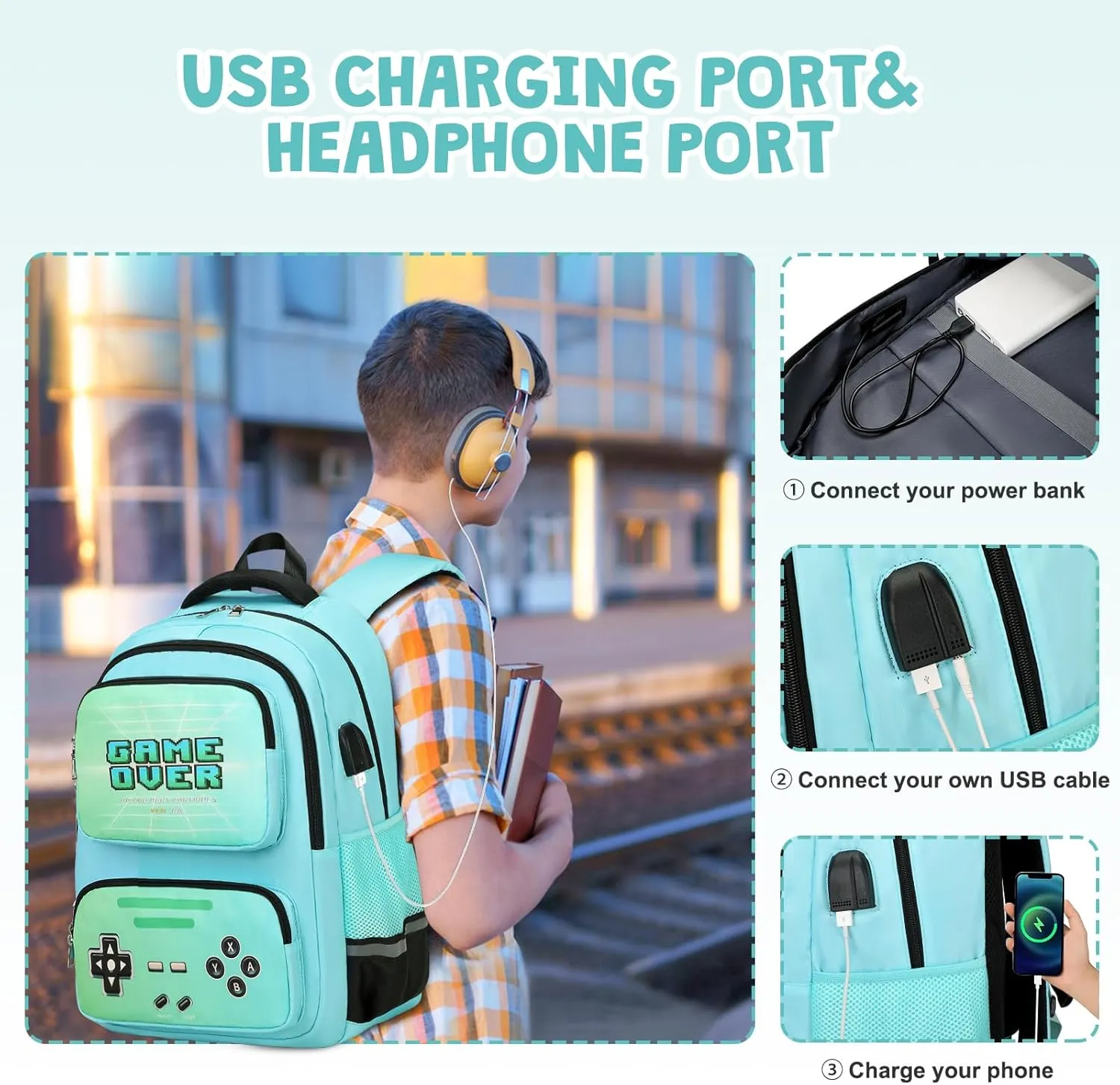 Gamer Backpack for Boys - Cool Luminous School Backpack for Boys with Lunch Bag Pencil Case - Kids Boys Backpack