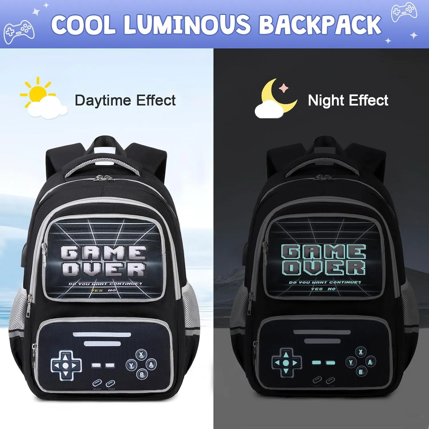 Gamer Backpack for Boys - Cool Luminous School Backpack for Boys with Lunch Bag Pencil Case - Kids Boys Backpack
