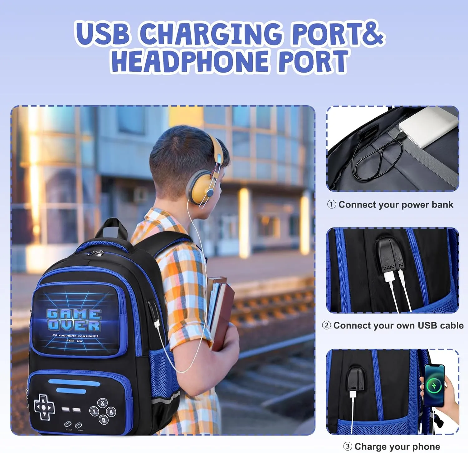 Gamer Backpack for Boys - Cool Luminous School Backpack for Boys with Lunch Bag Pencil Case - Kids Boys Backpack