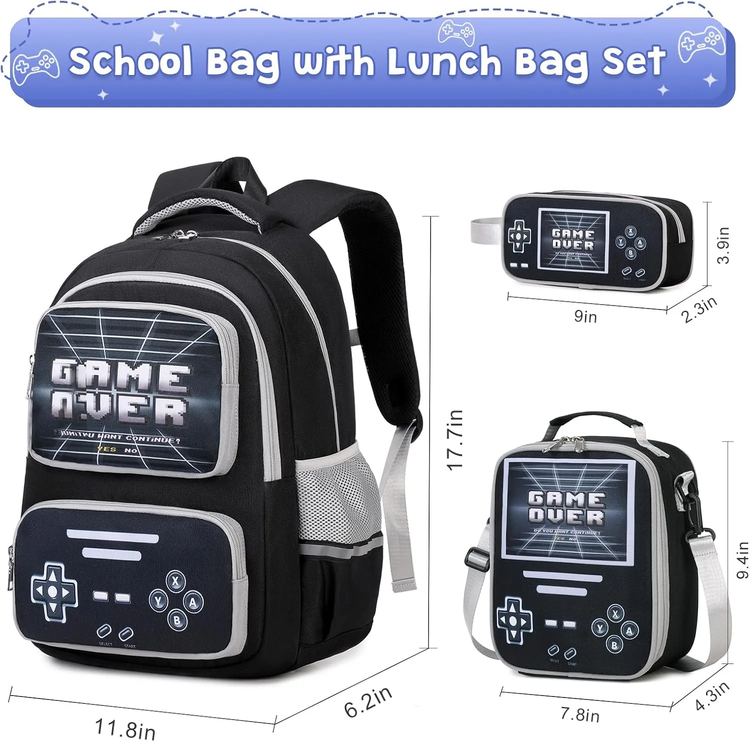 Gamer Backpack for Boys - Cool Luminous School Backpack for Boys with Lunch Bag Pencil Case - Kids Boys Backpack