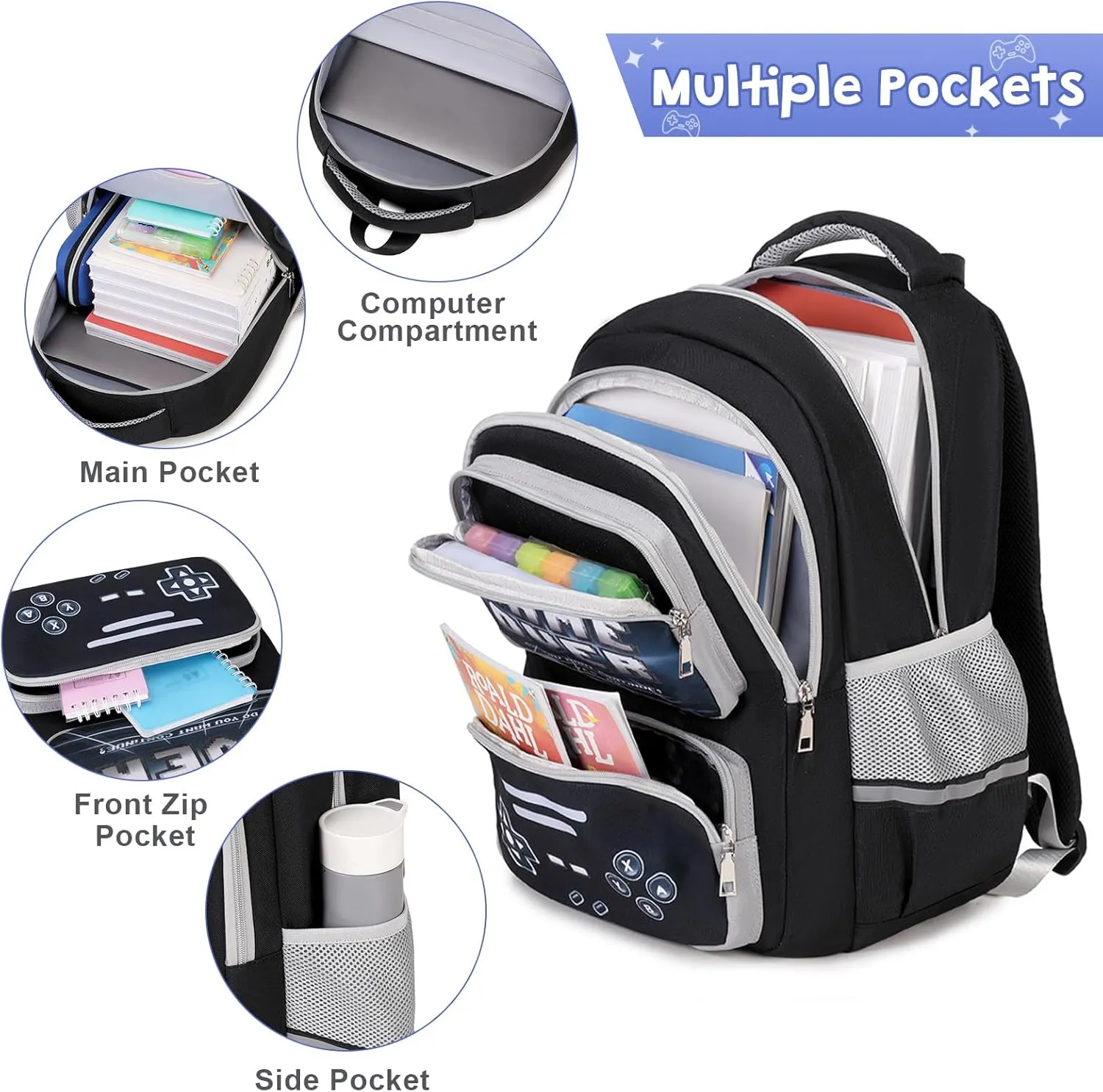 Gamer Backpack for Boys - Cool Luminous School Backpack for Boys with Lunch Bag Pencil Case - Kids Boys Backpack