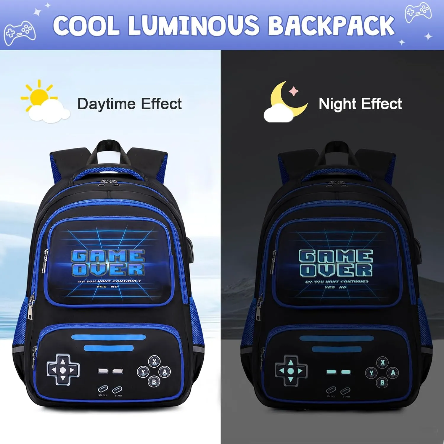 Gamer Backpack for Boys - Cool Luminous School Backpack for Boys with Lunch Bag Pencil Case - Kids Boys Backpack