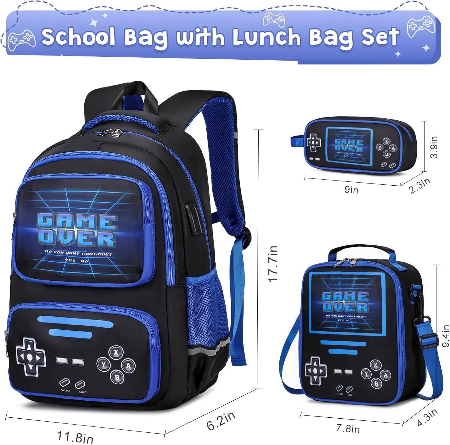 Gamer Backpack for Boys - Cool Luminous School Backpack for Boys with Lunch Bag Pencil Case - Kids Boys Backpack
