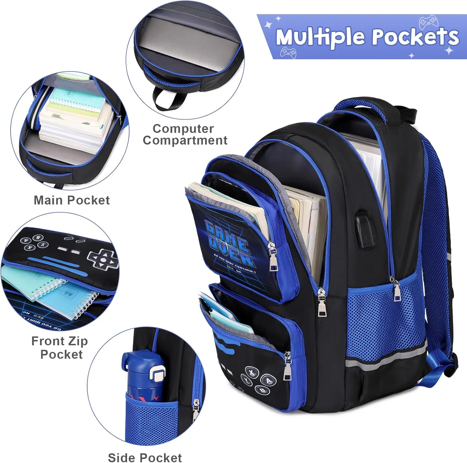 Gamer Backpack for Boys - Cool Luminous School Backpack for Boys with Lunch Bag Pencil Case - Kids Boys Backpack