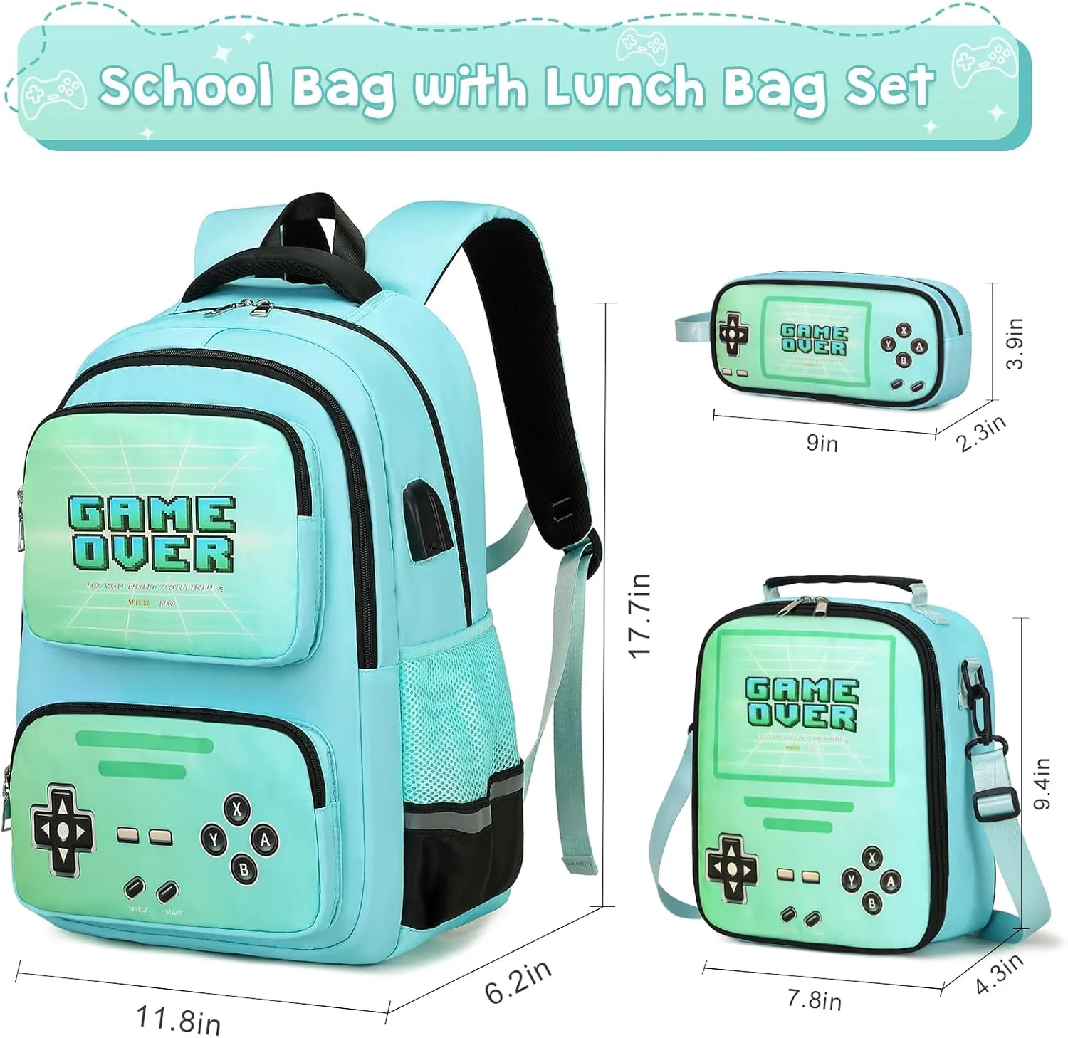 Gamer Backpack for Boys - Cool Luminous School Backpack for Boys with Lunch Bag Pencil Case - Kids Boys Backpack