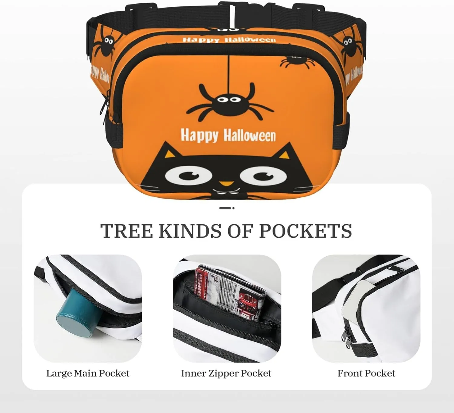Halloween Black Cat Spider Funny Pack Waist Pack for Women Men, Double Layer Pack for Workout Running Travelling