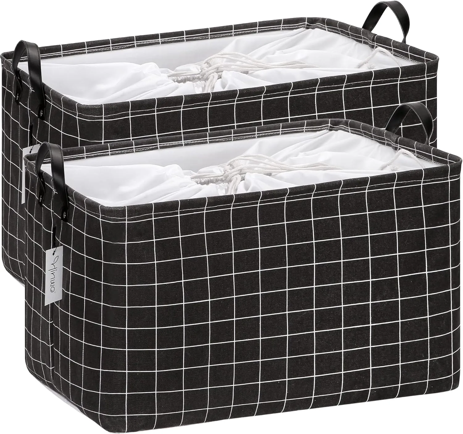 Hinwo 2-Pack Extra Large Canvas Fabric Storage Basket with Handles, 70L/18.5-Gal Oversized Bin, Collapsible Box, Clothes, Toys, Blankets Organizer, 22 x 15 x 13 Inches (XL, Black Grid)