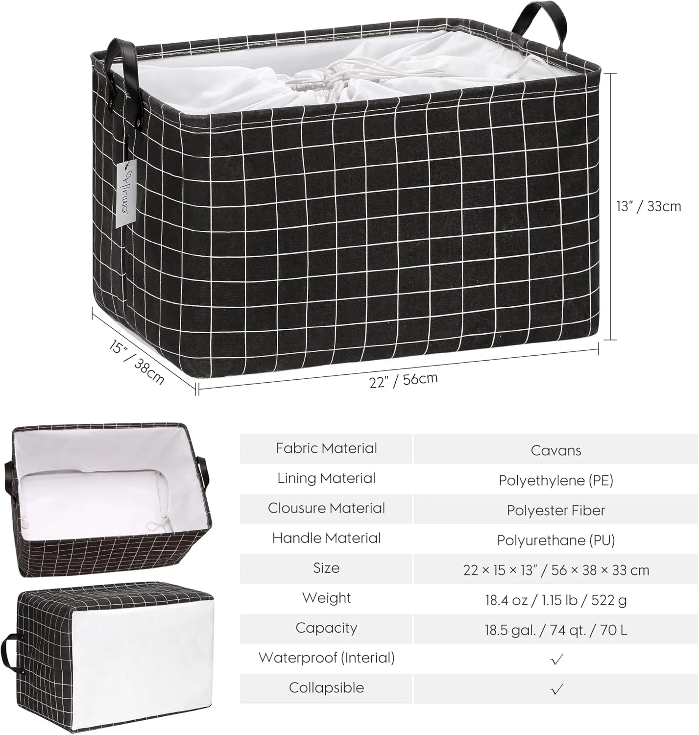 Hinwo 2-Pack Extra Large Canvas Fabric Storage Basket with Handles, 70L/18.5-Gal Oversized Bin, Collapsible Box, Clothes, Toys, Blankets Organizer, 22 x 15 x 13 Inches (XL, Black Grid)