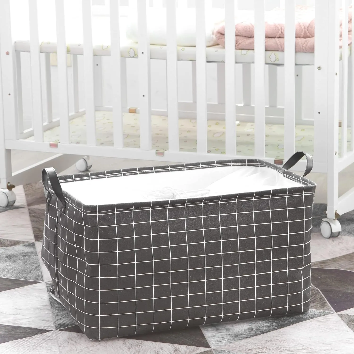 Hinwo 2-Pack Extra Large Canvas Fabric Storage Basket with Handles, 70L/18.5-Gal Oversized Bin, Collapsible Box, Clothes, Toys, Blankets Organizer, 22 x 15 x 13 Inches (XL, Black Grid)