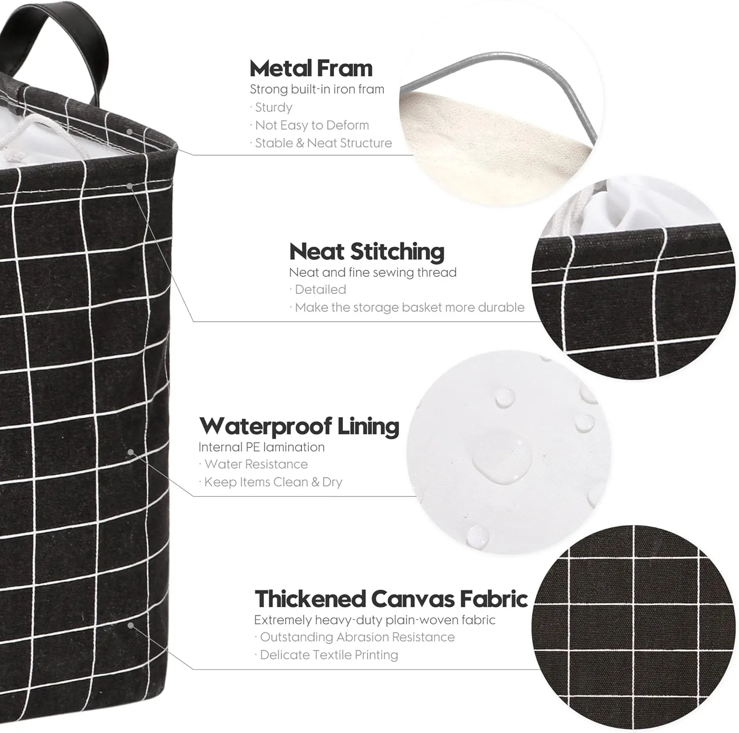 Hinwo 2-Pack Extra Large Canvas Fabric Storage Basket with Handles, 70L/18.5-Gal Oversized Bin, Collapsible Box, Clothes, Toys, Blankets Organizer, 22 x 15 x 13 Inches (XL, Black Grid)